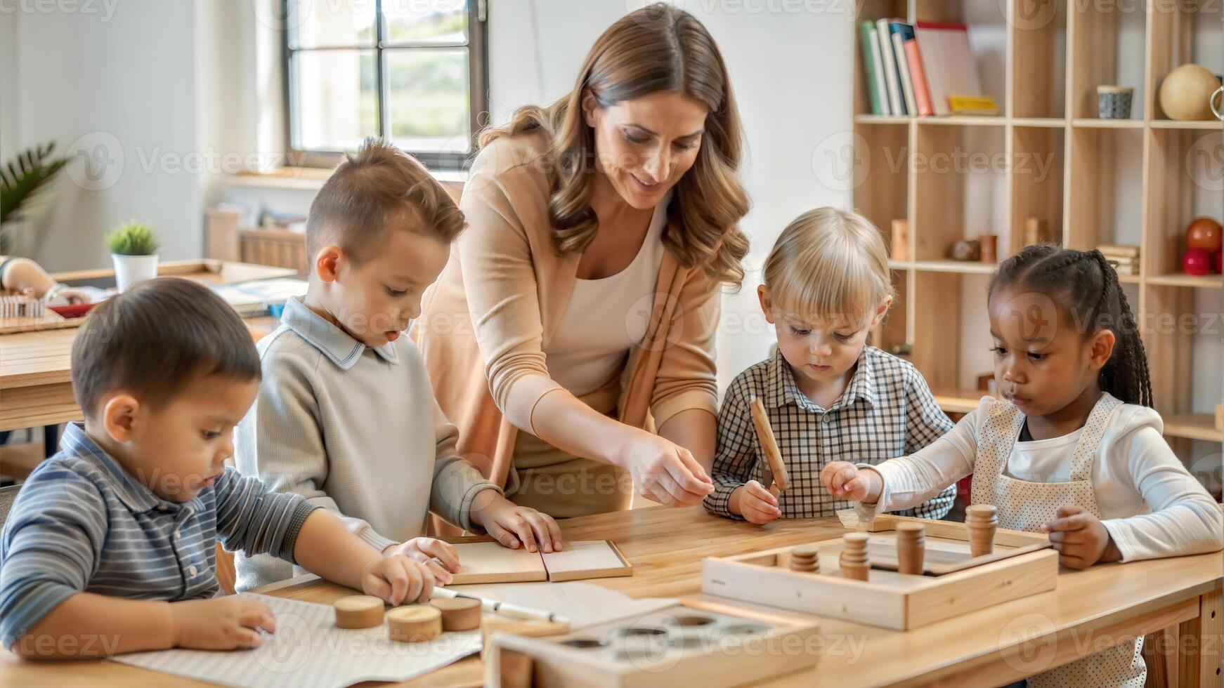 Cute little children and their mother playing with wooden blocks at home photo