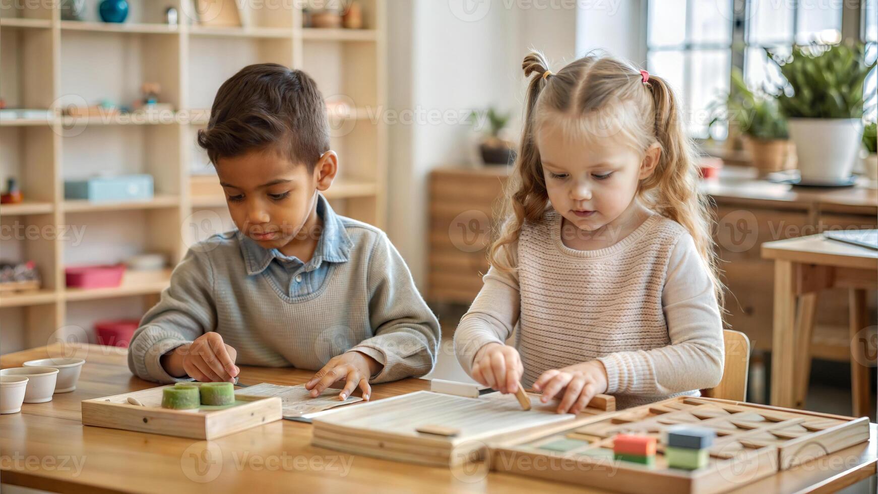 Cute little boy and girl playing with wooden blocks in art class photo