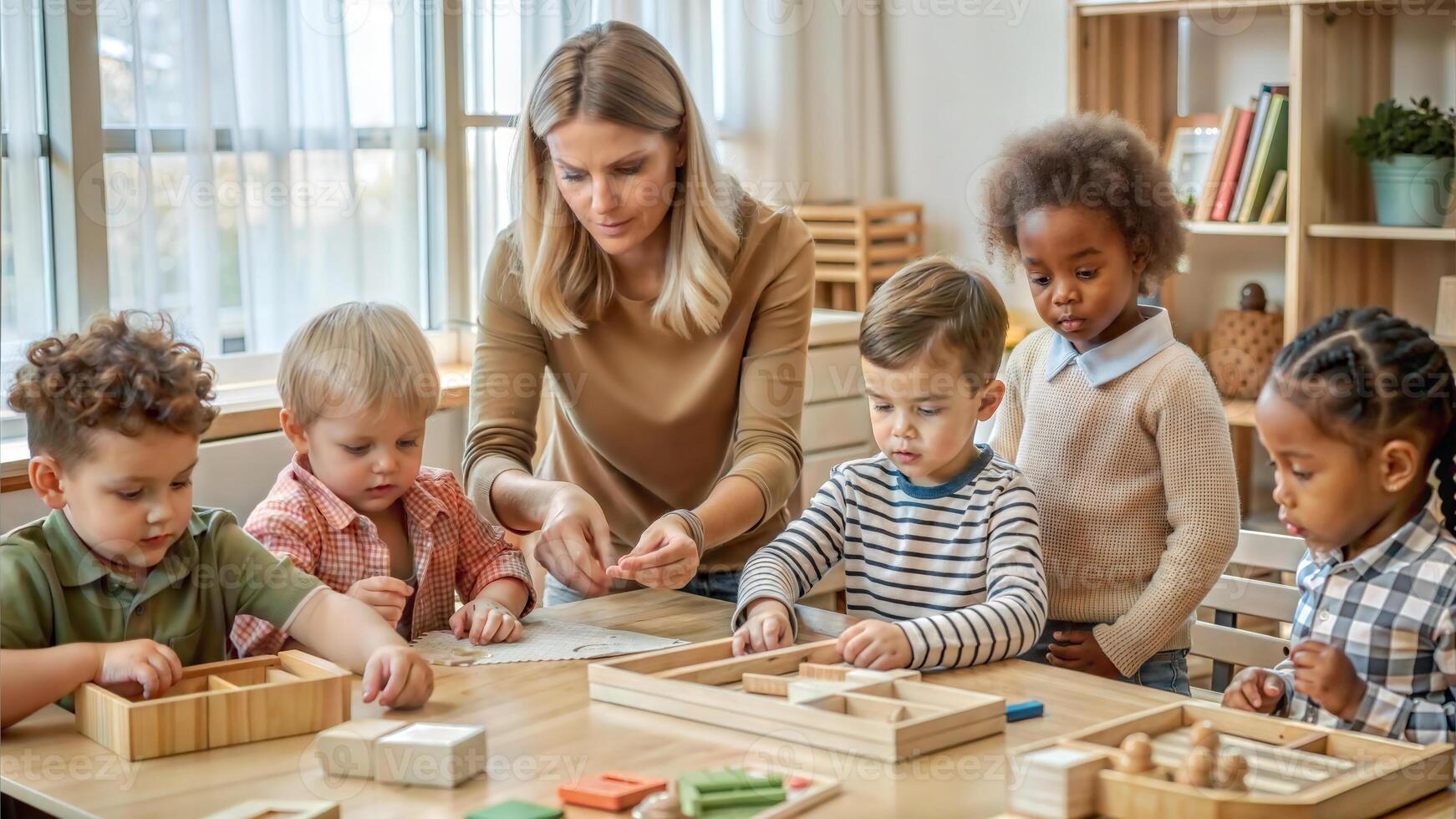 Portrait of smiling teacher and kids playing with wooden blocks at home photo