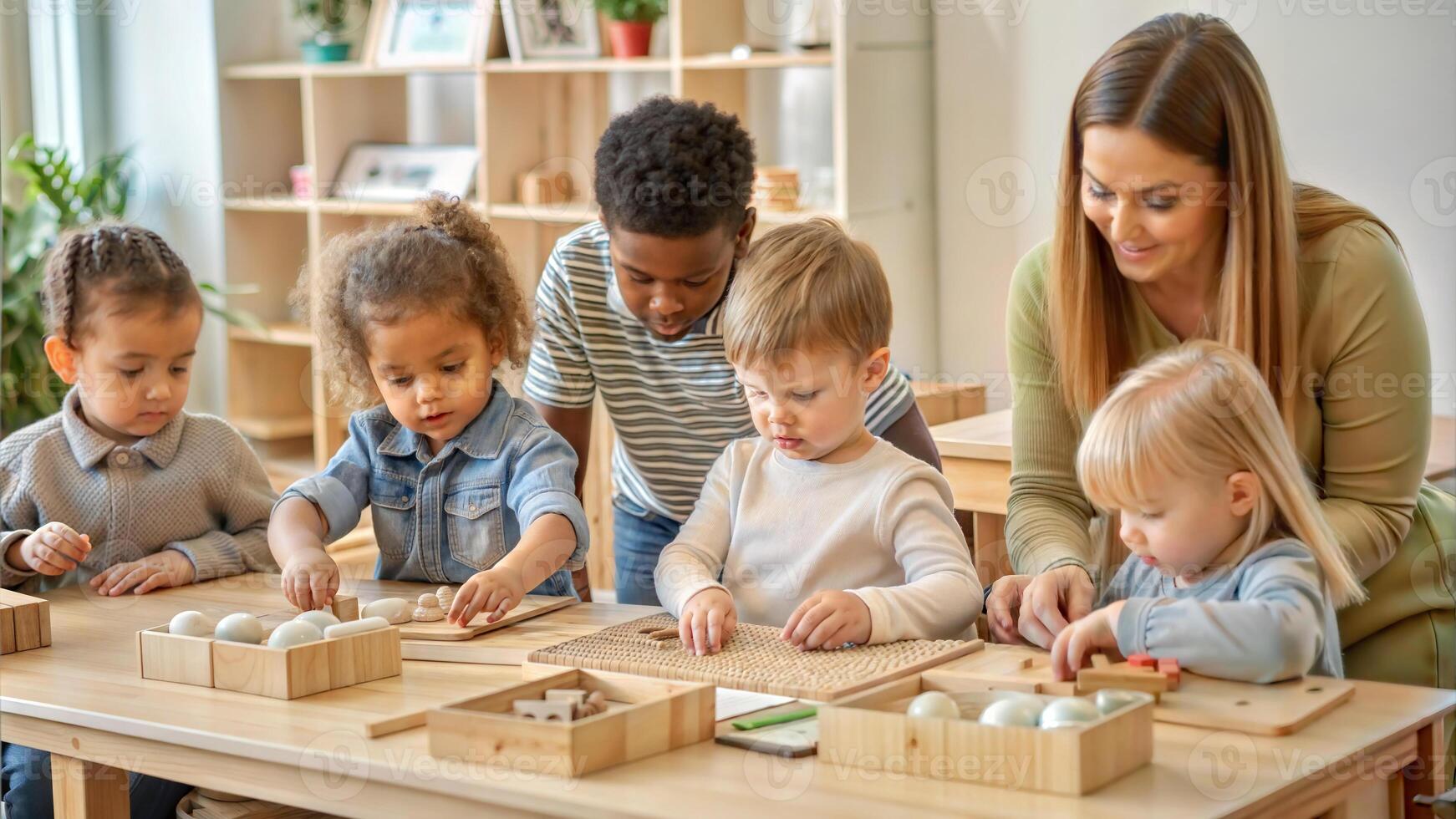Group of kids playing with wooden toys at table in kindergarten or preschool photo