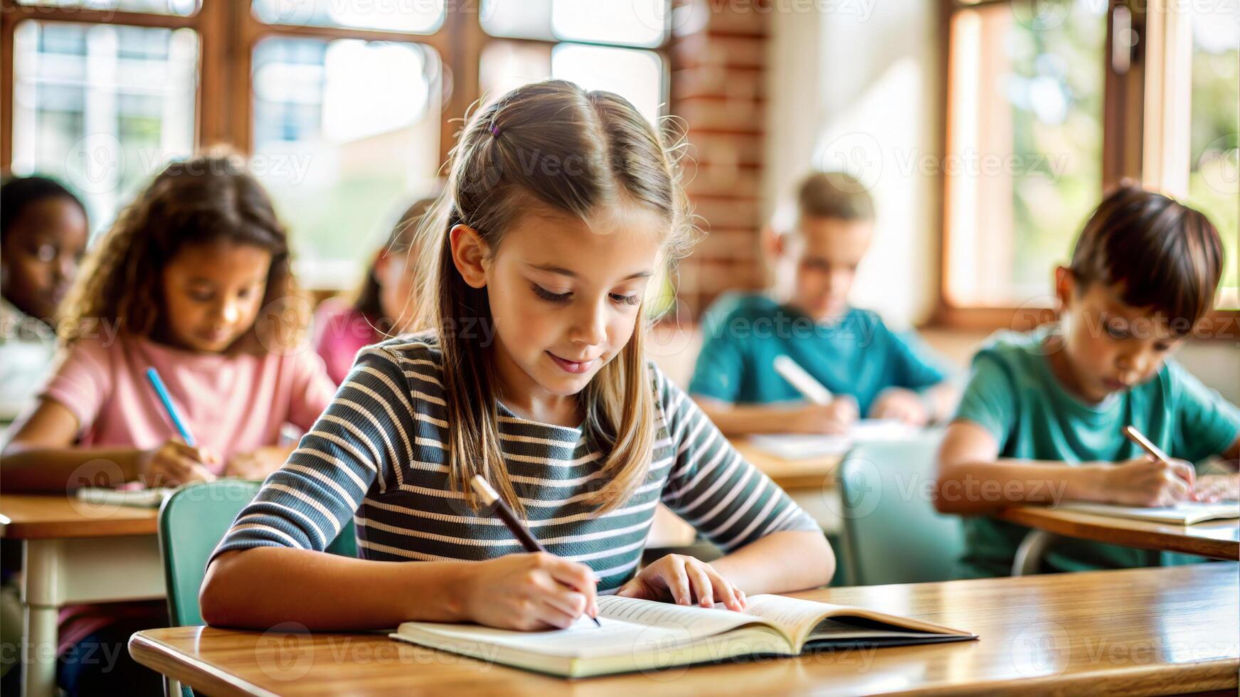 Portrait of little girl writing in notebook while sitting at desk in classroom photo