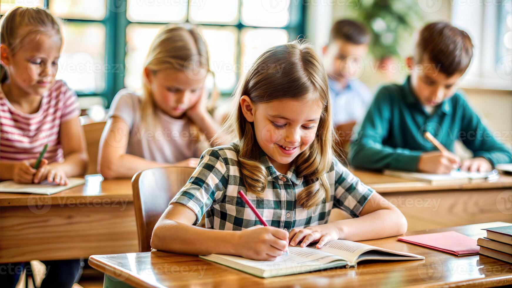 Cute little schoolgirl writing in notebook while sitting at desk in classroom photo