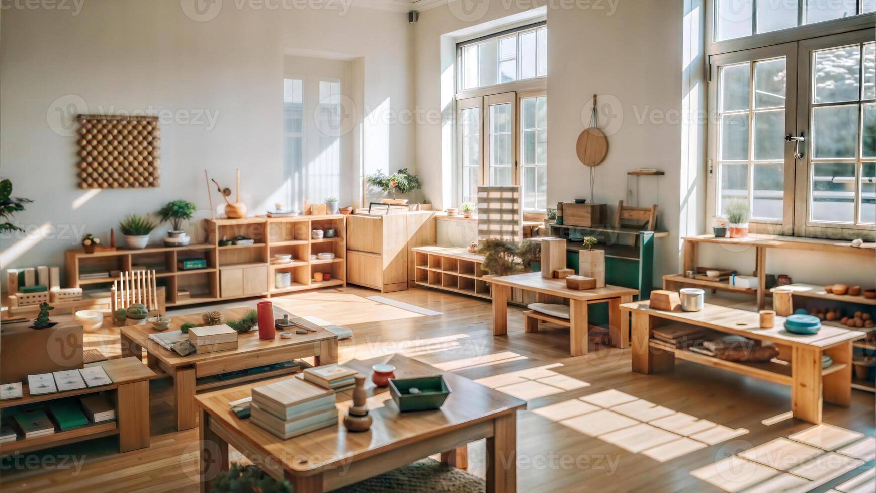 Interior of a modern yoga studio with wooden furniture and green plants photo
