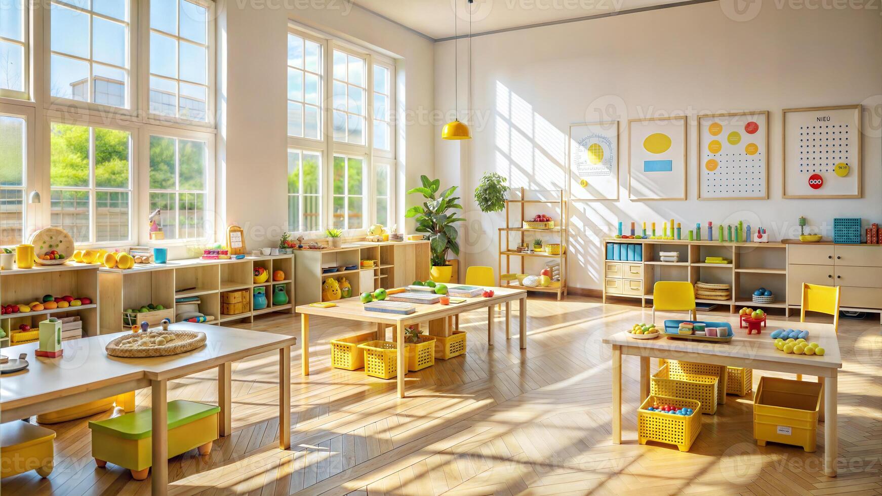 Interior of children's room with wooden furniture and table with toys photo