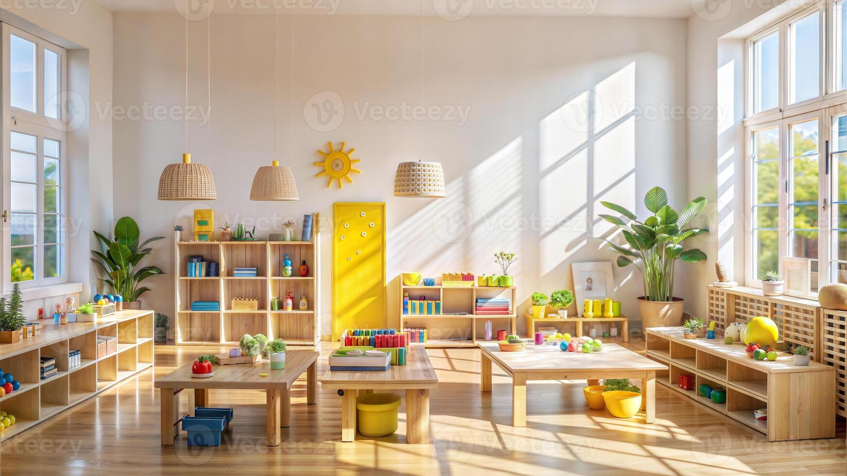 Interior of children's room with wooden toys and bookshelf photo