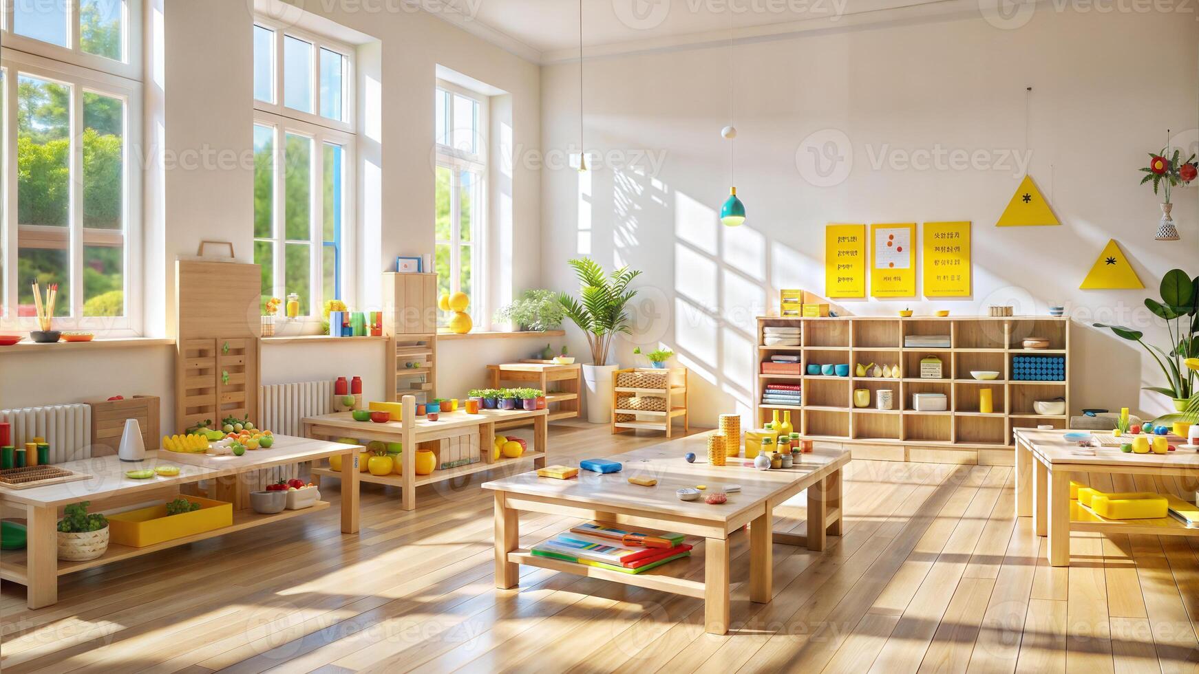 Interior of children's room with wooden furniture and toys in kindergarten photo