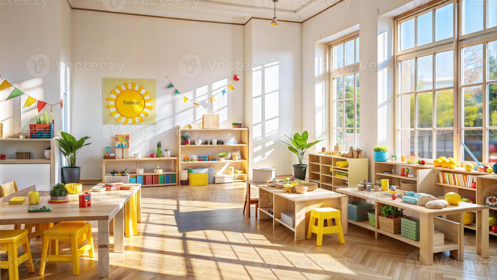 Interior of childrens room with wooden furniture and toys in sunny day photo