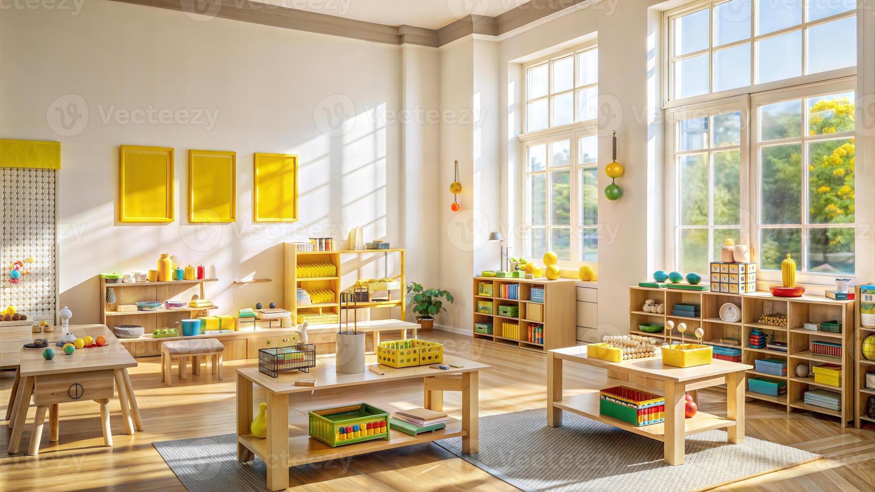 Interior of a children's room with wooden furniture and toys. photo