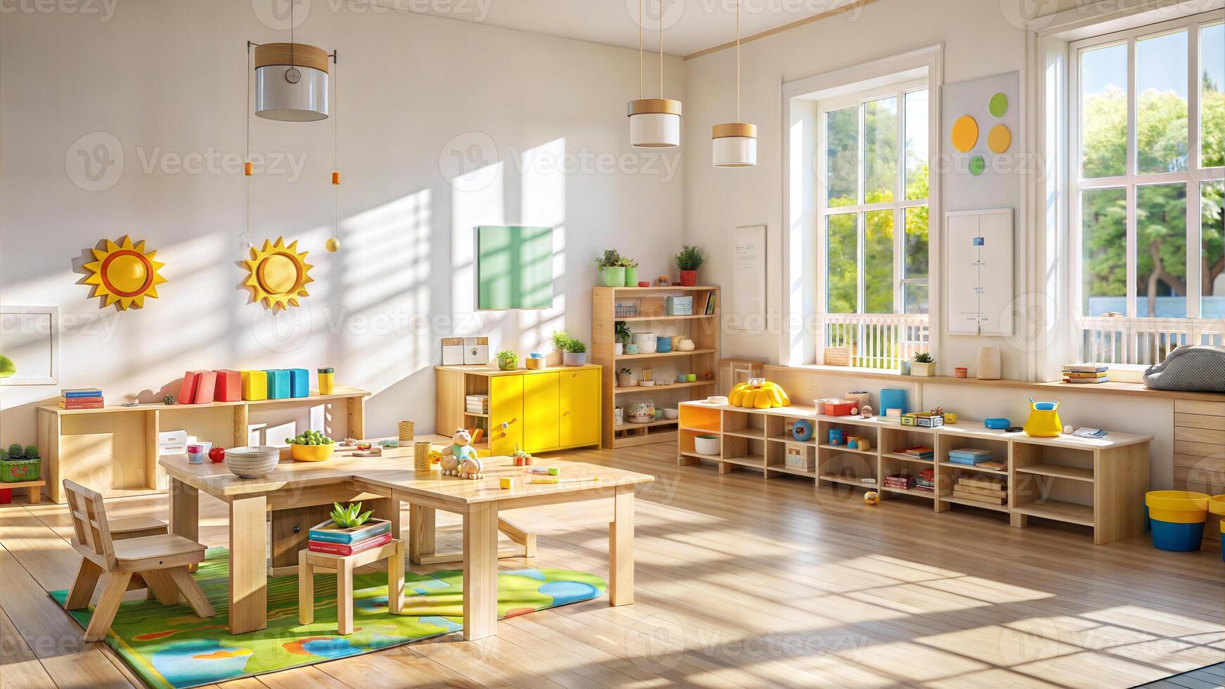 Children's room with a wooden table, chairs, toys and a window photo