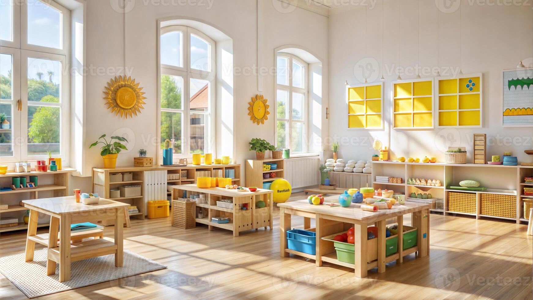 Children's room with a wooden table, chairs, chairs and toys photo
