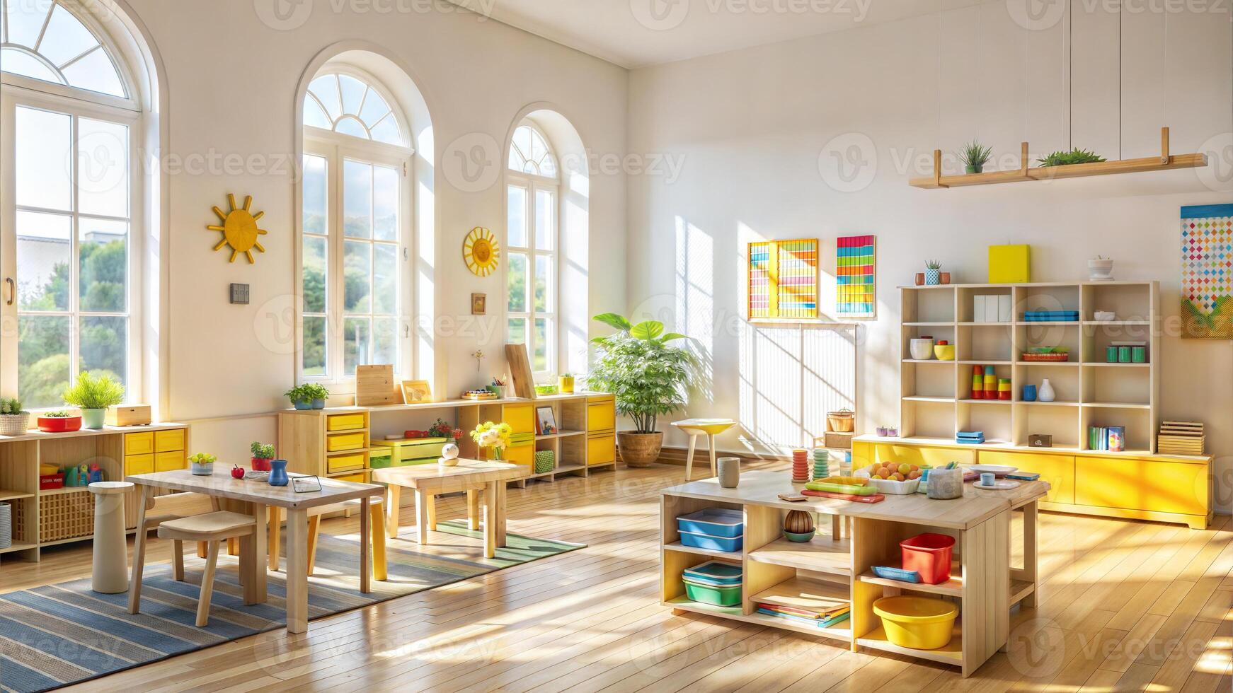 Interior of a children's room with a wooden table and toys photo
