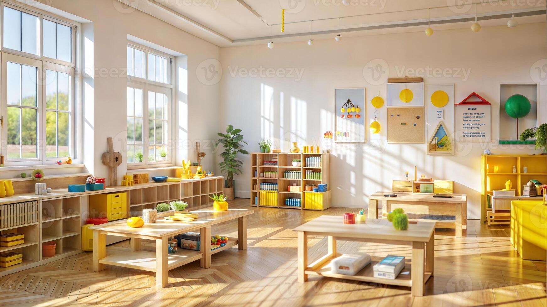 Interior of a childrens room with wooden furniture and toys. photo