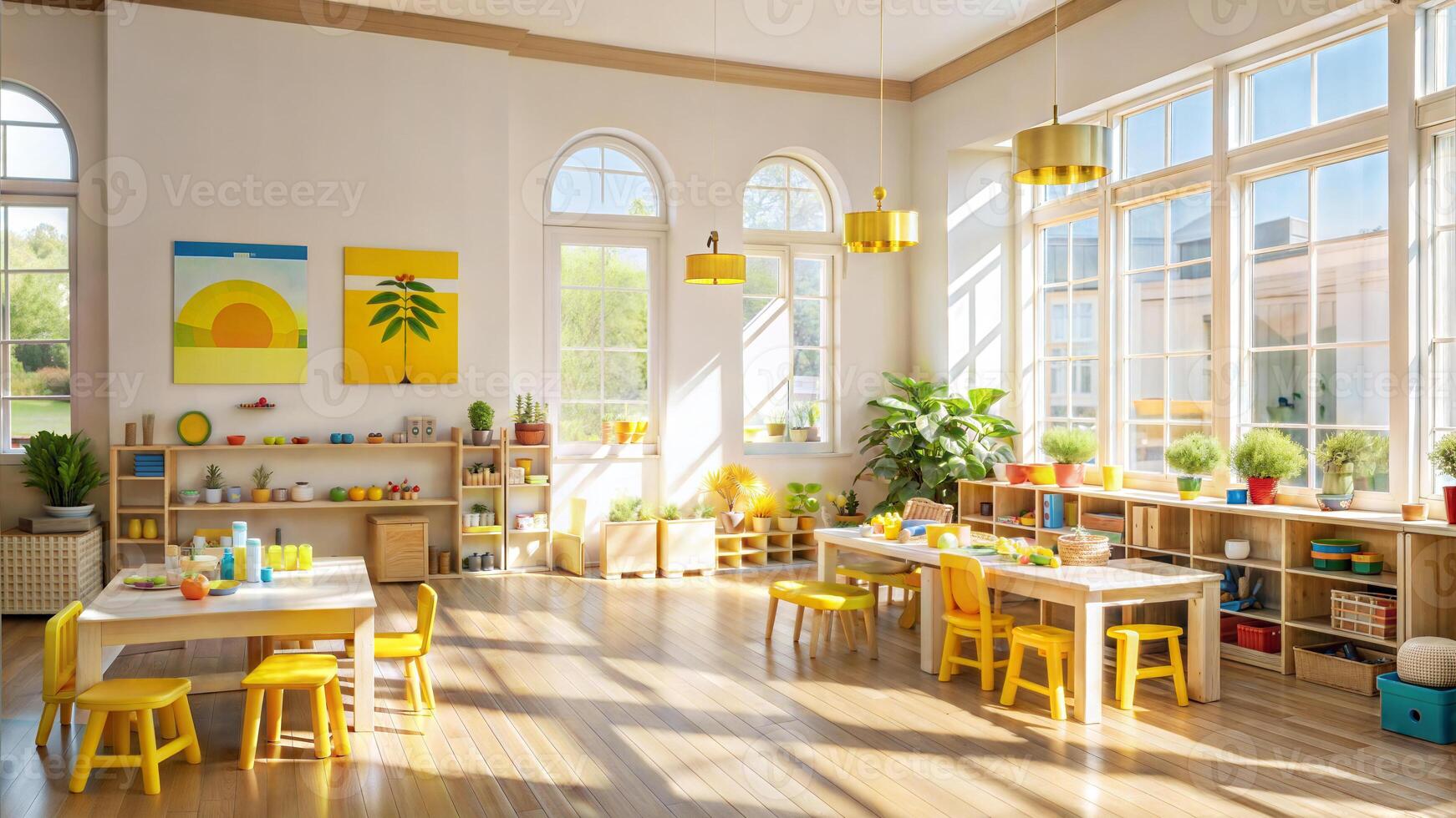 Interior of a childrens room with a wooden table and yellow chairs photo