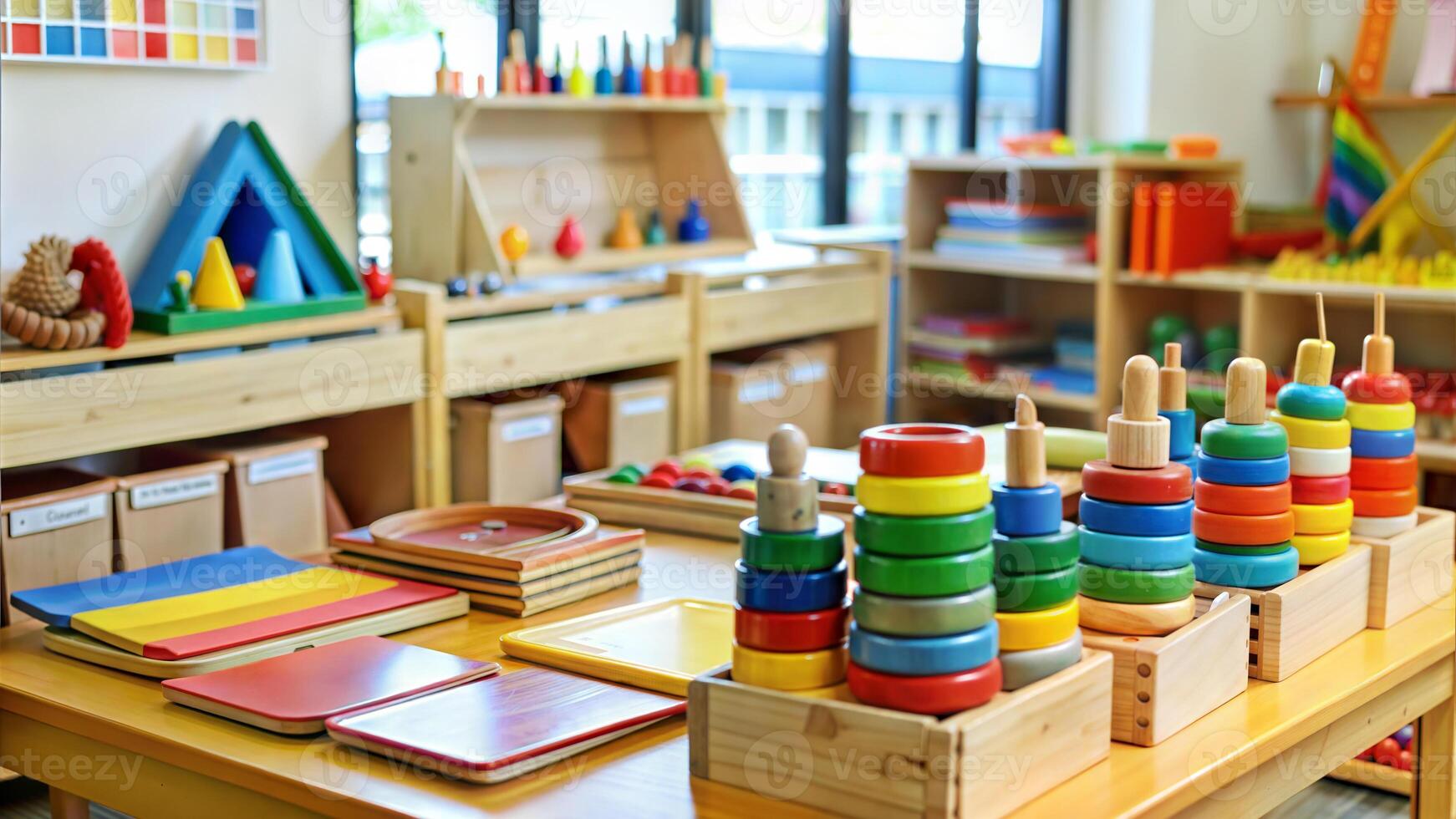 Colorful wooden toys on the shelf in the nursery. Education concept photo