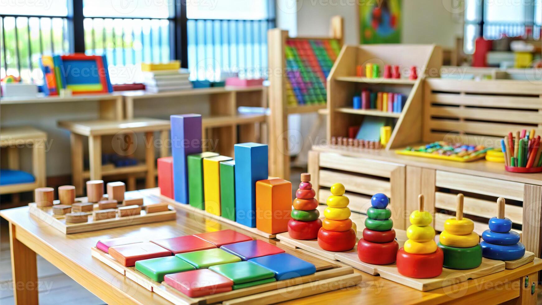 Colorful wooden toys on the table in the kindergarten. Education concept photo