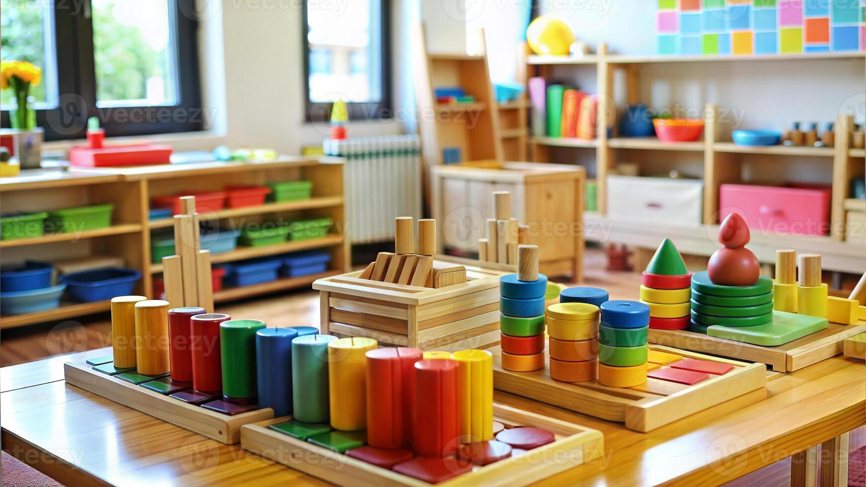 Colourful wooden toys on the table in the childrens room photo