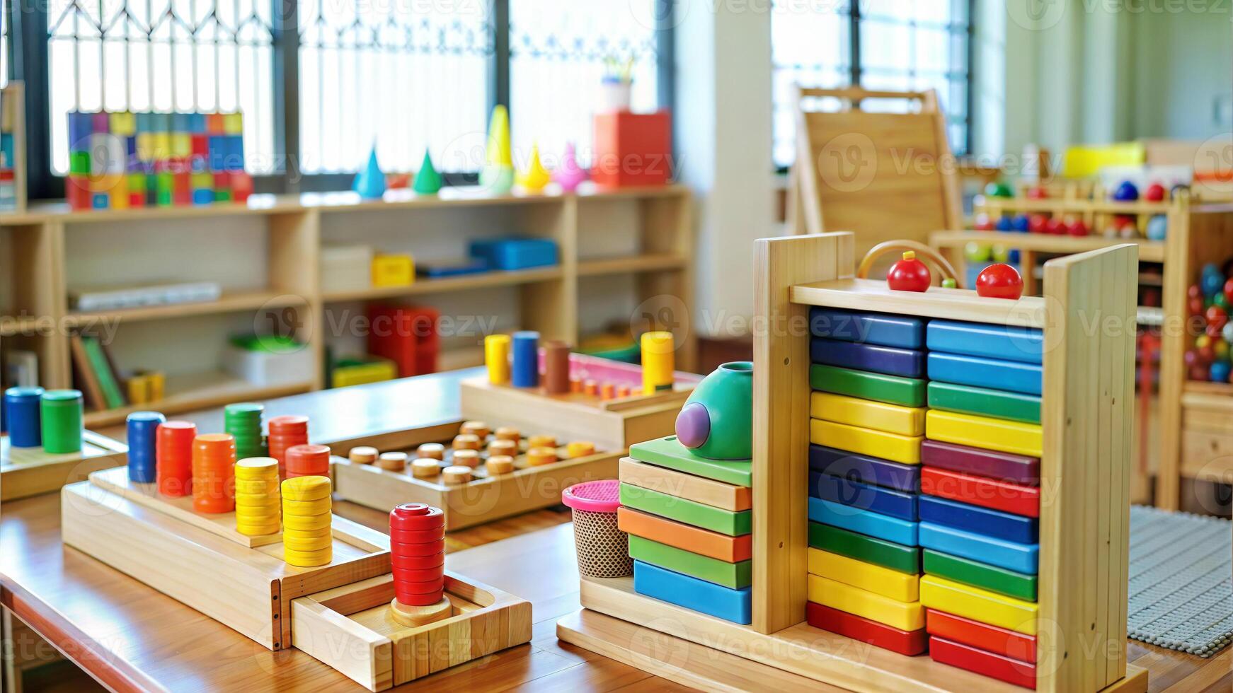 Colorful wooden toys for children in kindergarten. Early education concept. photo