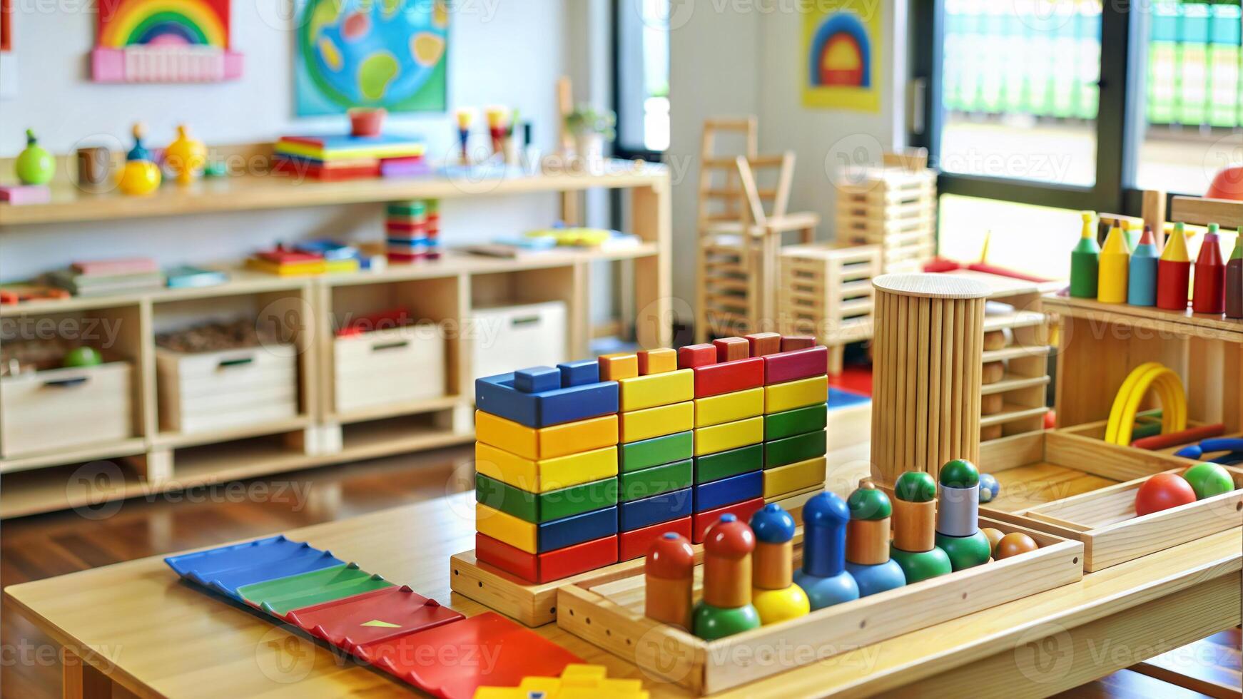 Colorful wooden toys in the children's room, education concept. photo