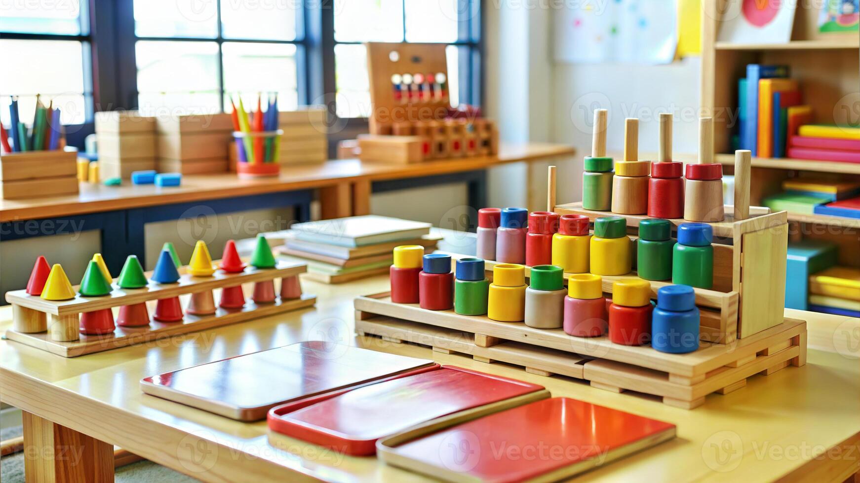 Colorful wooden toys on the table in the children's room. photo