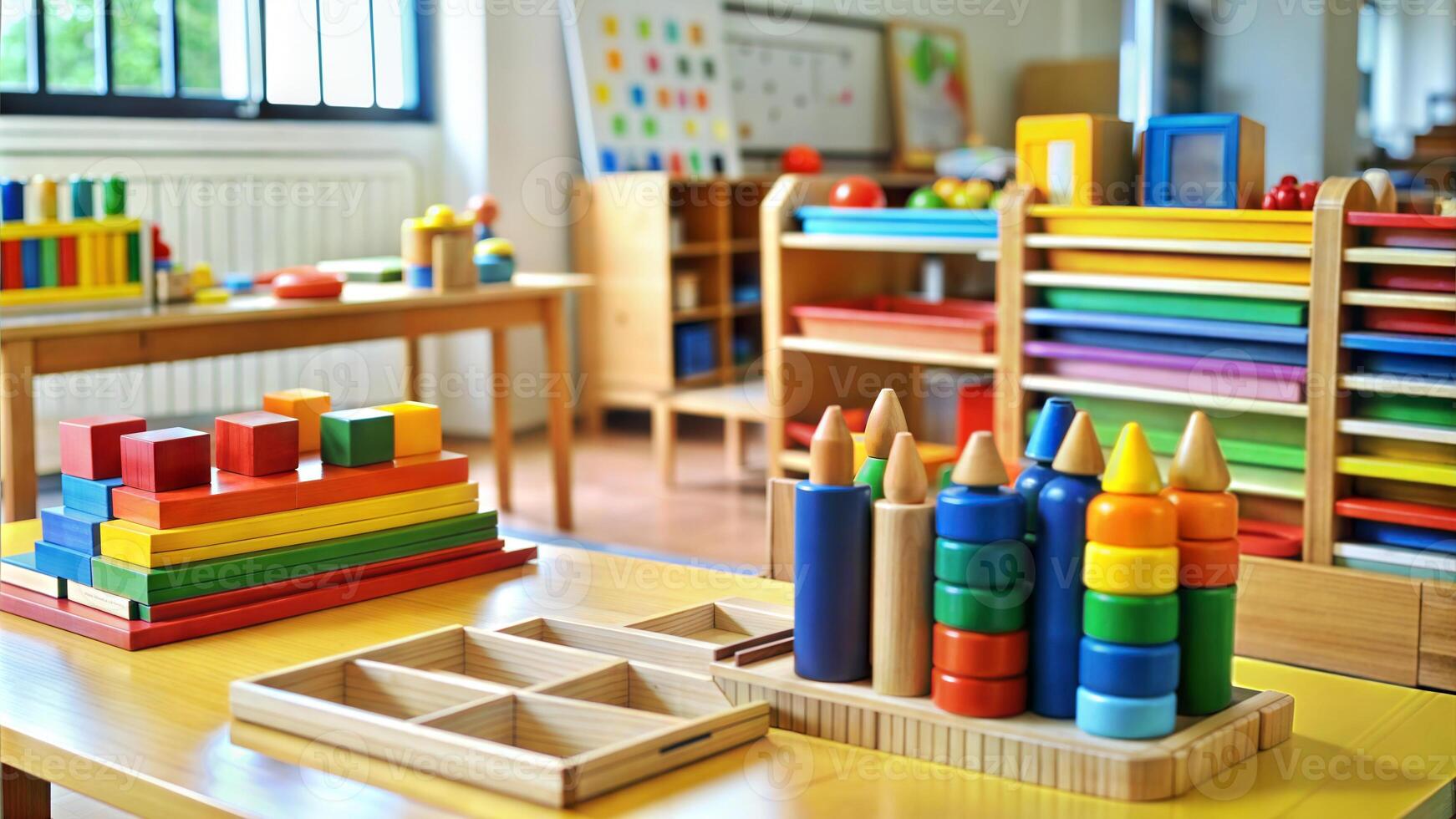 Colourful wooden toys on the table in the kindergarten, education concept photo