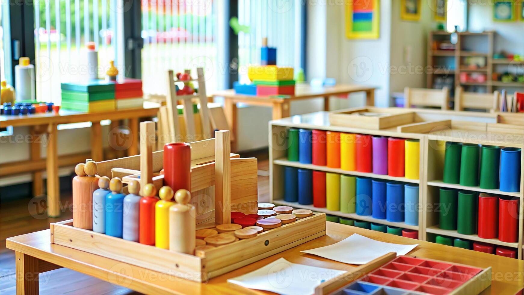 Wooden toys for children in the kindergarten. Selective focus. photo