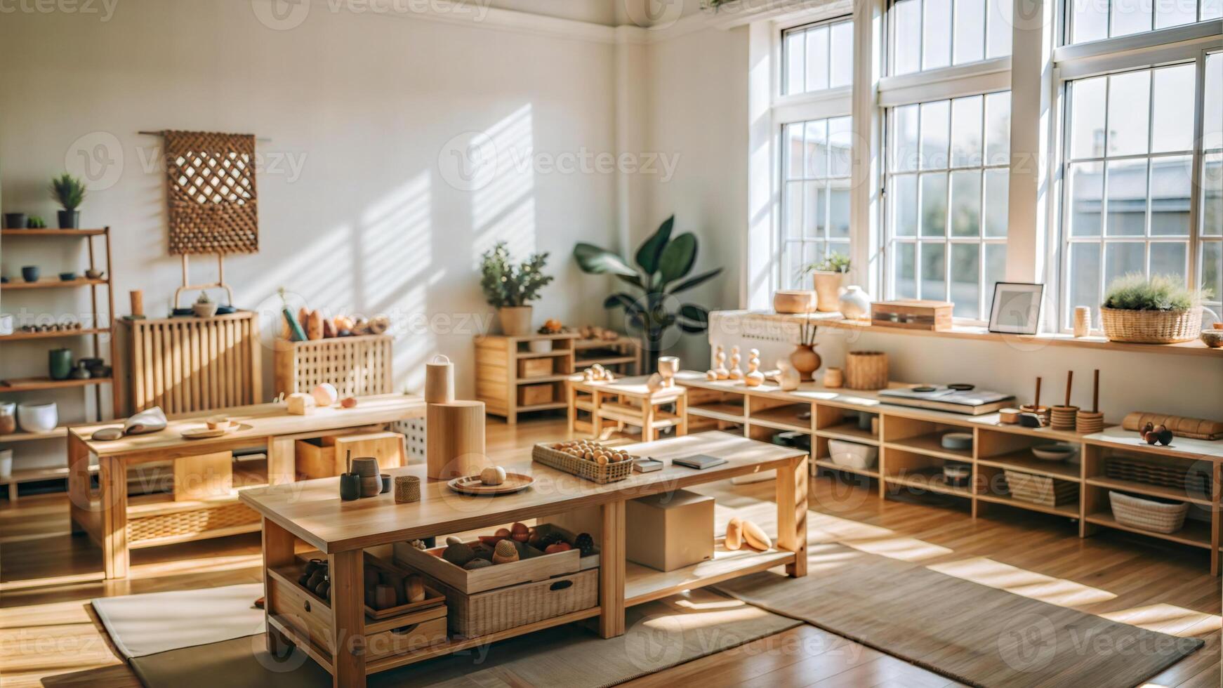 Interior of modern living room with wooden furniture and plants in pots photo