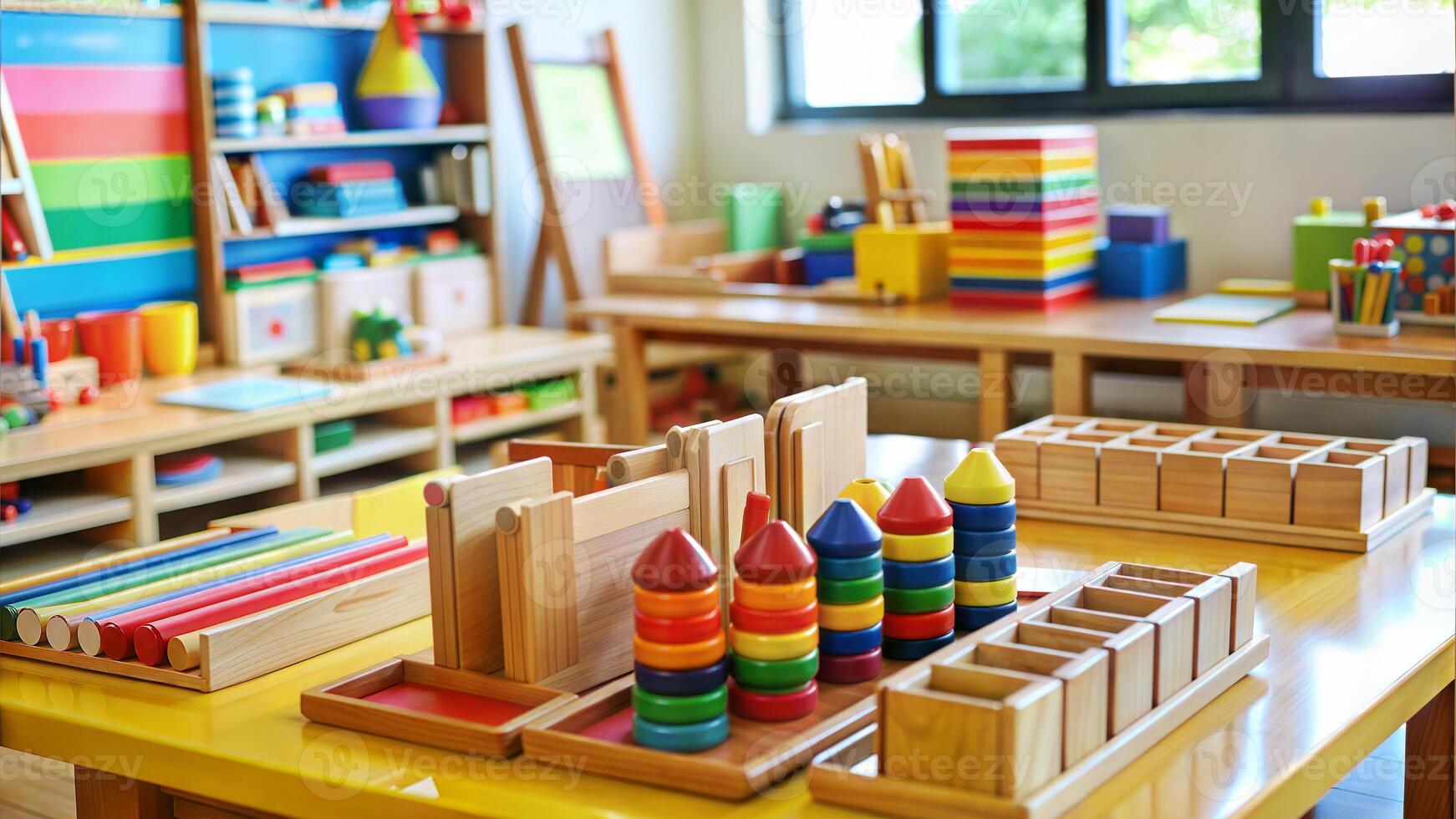 Colorful wooden toys for children in kindergarten. Early development concept. photo