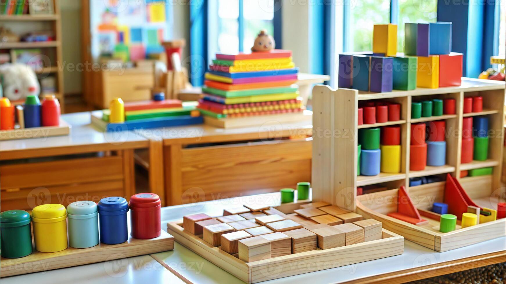 Wooden toy blocks on table in kindergarten. Montessori education photo