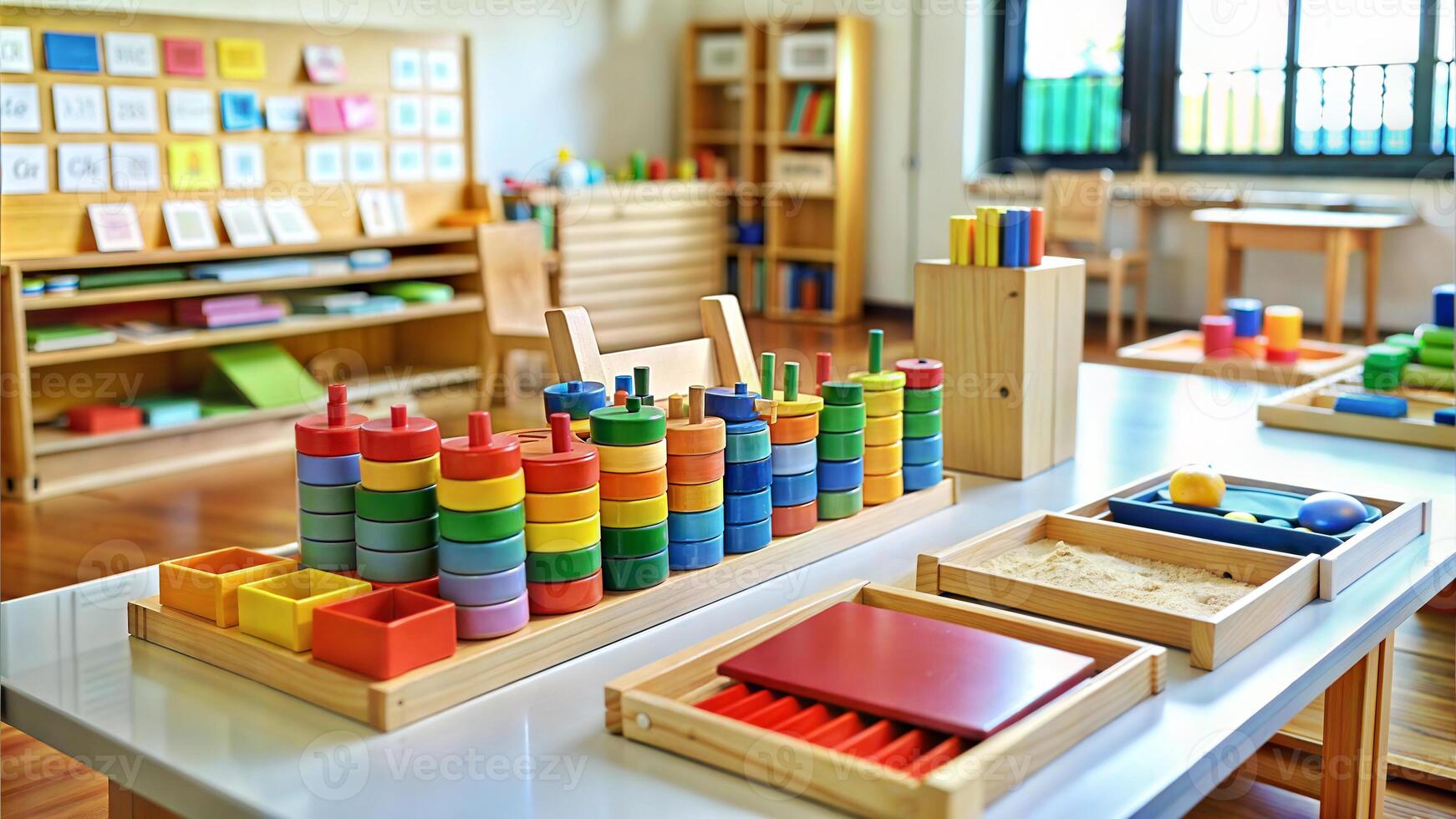 Wooden toys on the table in the kindergarten. Education concept. photo