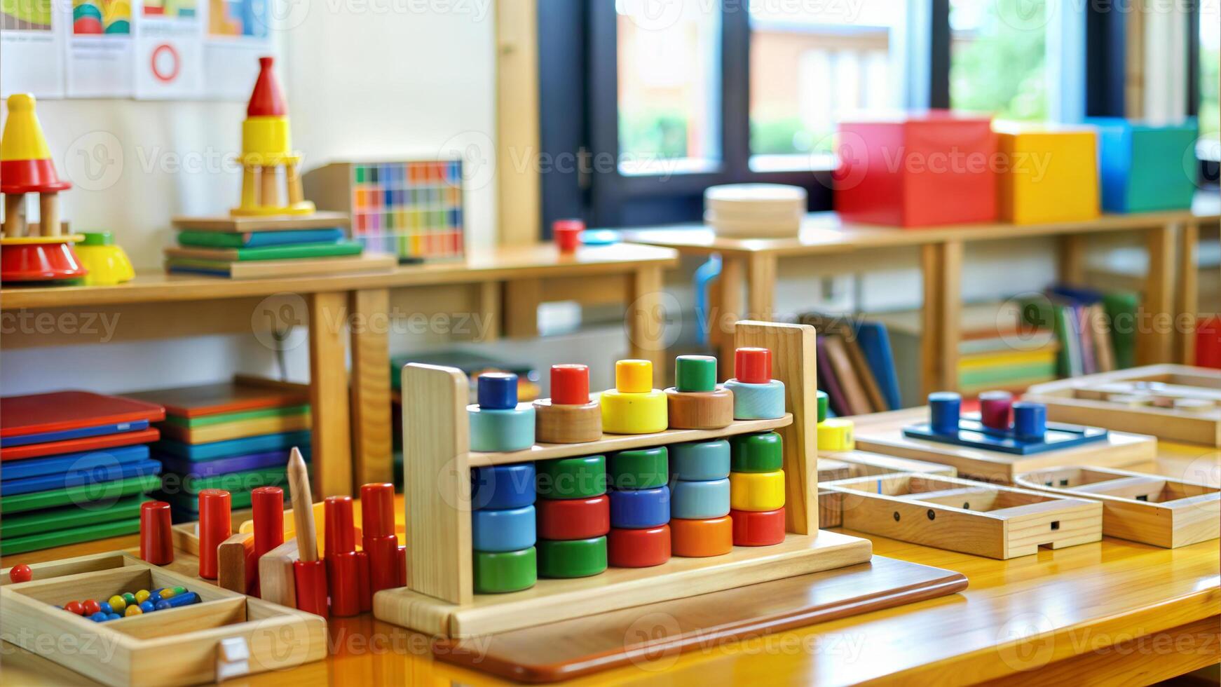 Wooden toys on a table in the kindergarten. Educational toys for children. photo