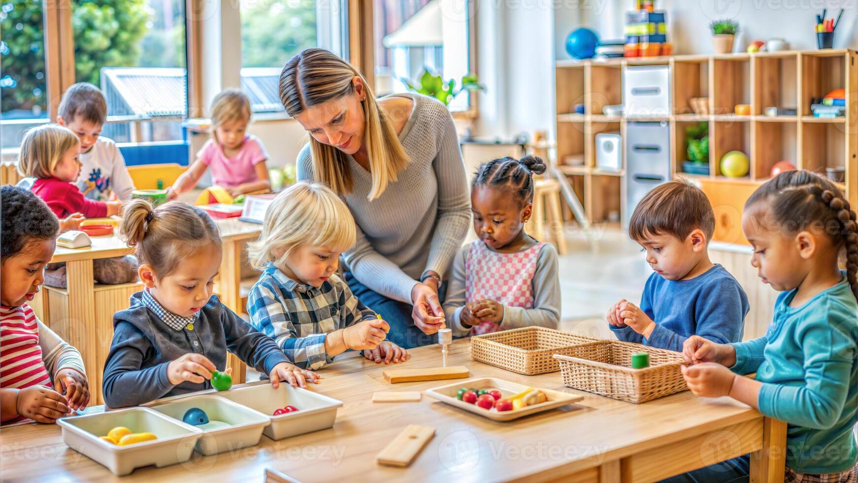 Teacher and kids playing in kindergarten with fruits and vegetables. Education concept photo