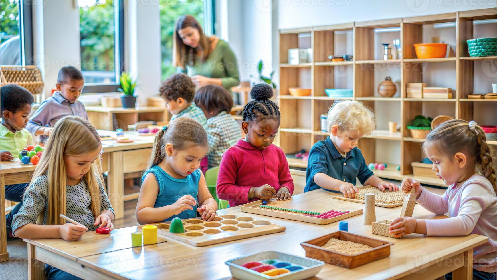 Group of children playing with plasticine in kindergarten. Preschool education concept photo