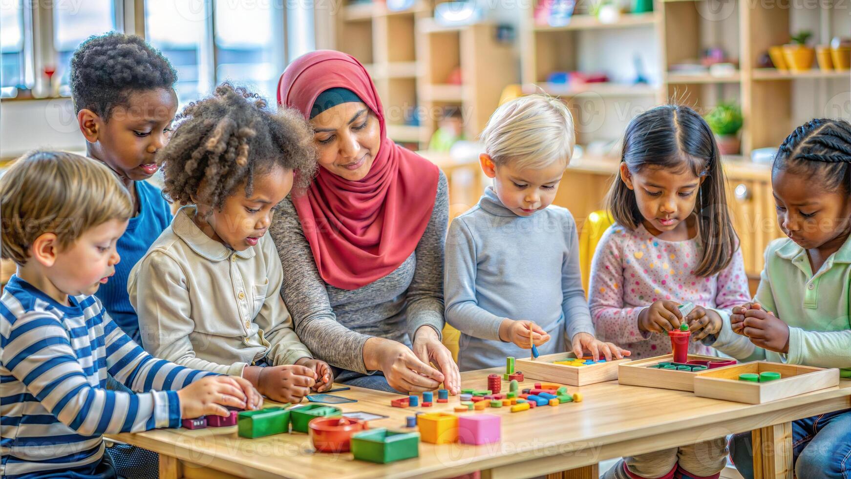Muslim muslim teacher and kids playing with wooden blocks in preschool classroom photo