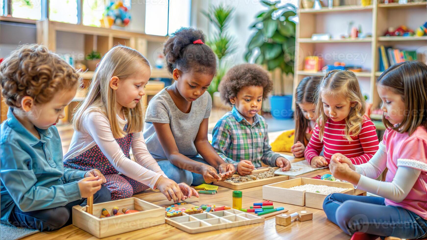 Group of children playing with wooden blocks in kindergarten. Preschool education concept photo