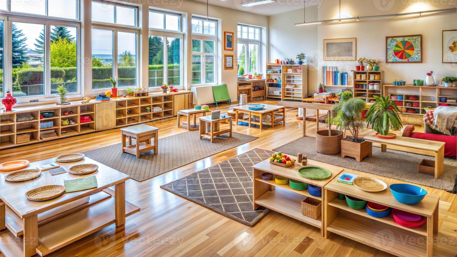 Interior of a kindergarten with a lot of furniture and toys. photo