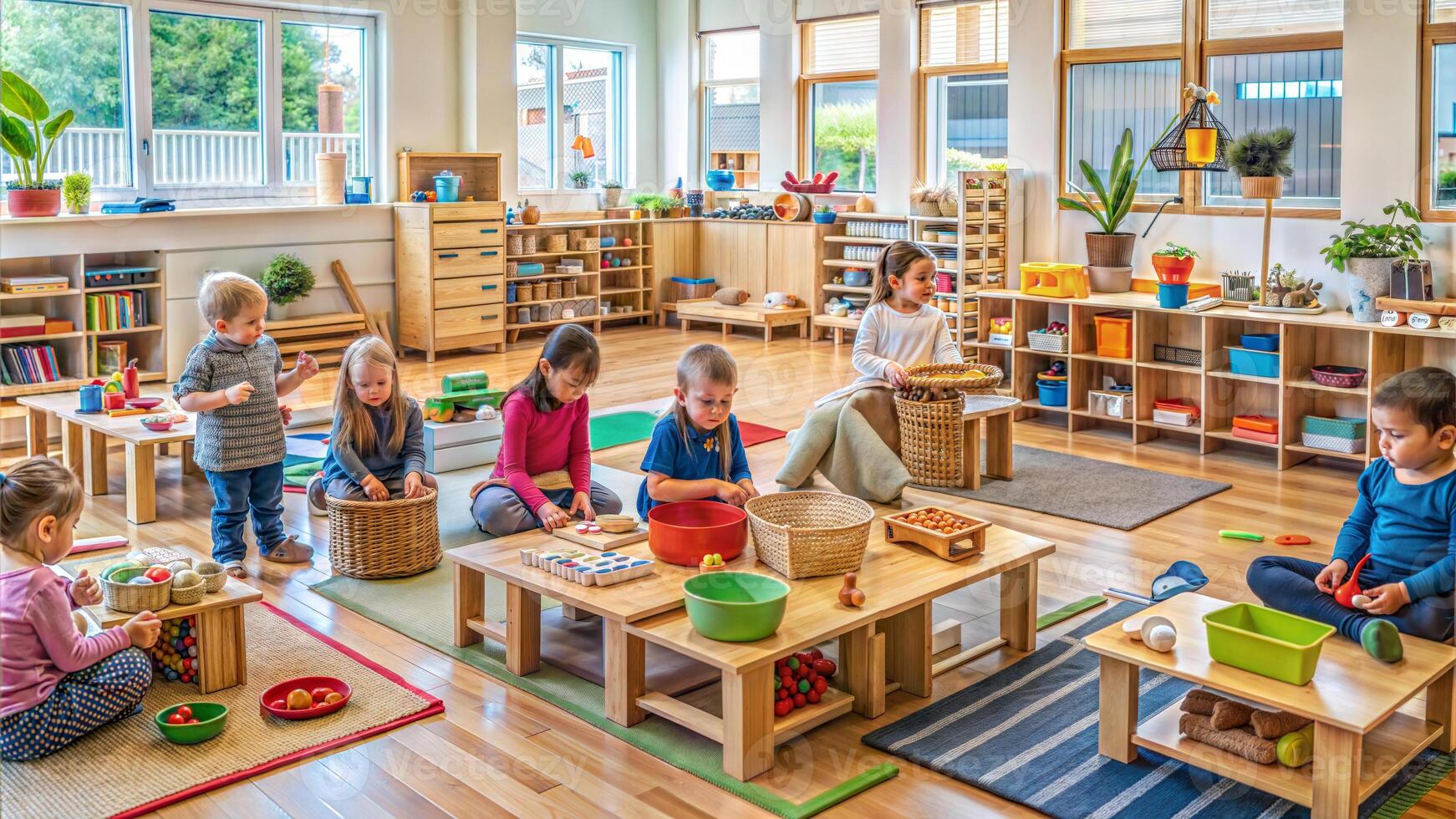 Kindergarten kids playing with wooden toys in kindergarten or preschool photo