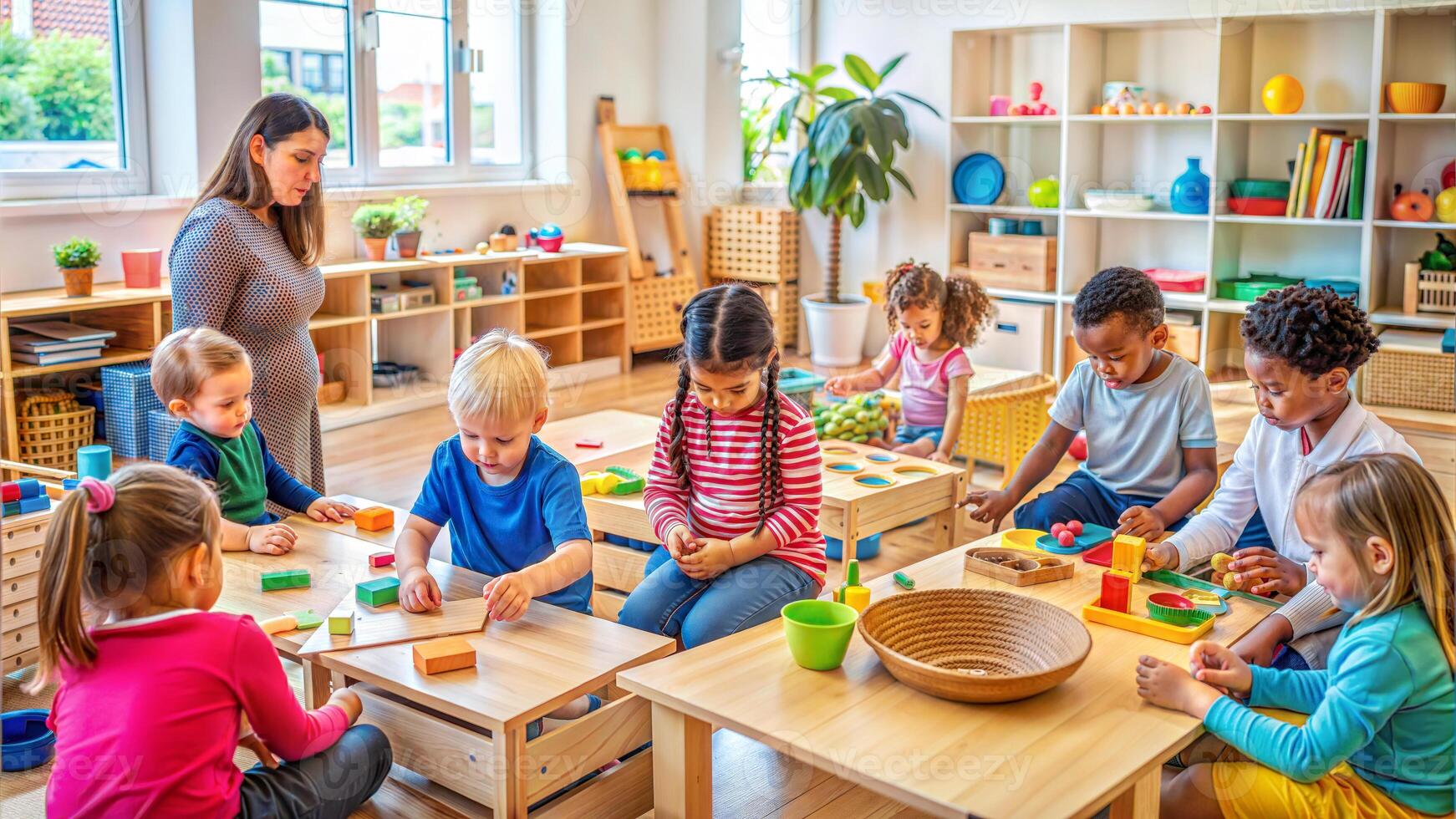 Group of kids playing with colorful wooden blocks in kindergarten or preschool. photo