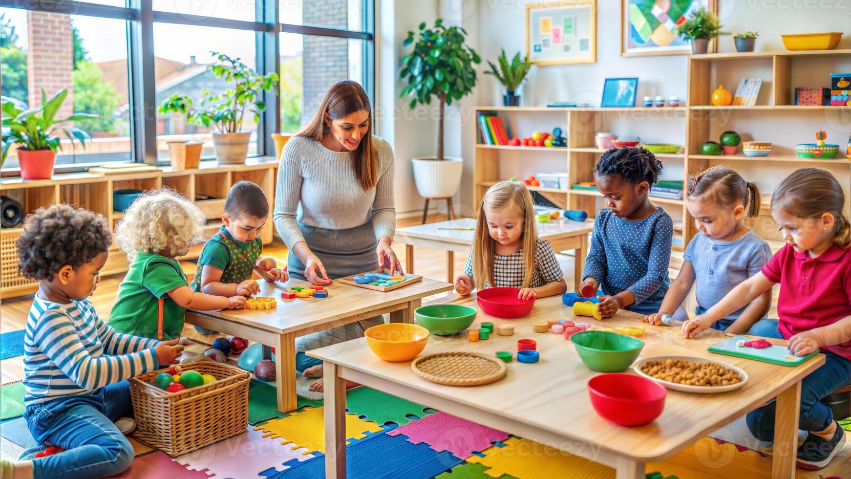 Group of children and teacher playing with plasticine in playroom at kindergarten photo