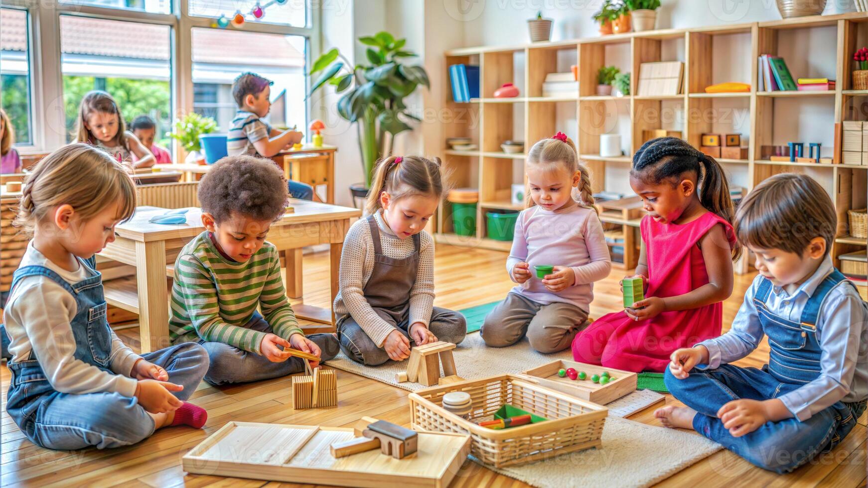 Group of children playing with wooden toys in kindergarten. Preschool education concept photo
