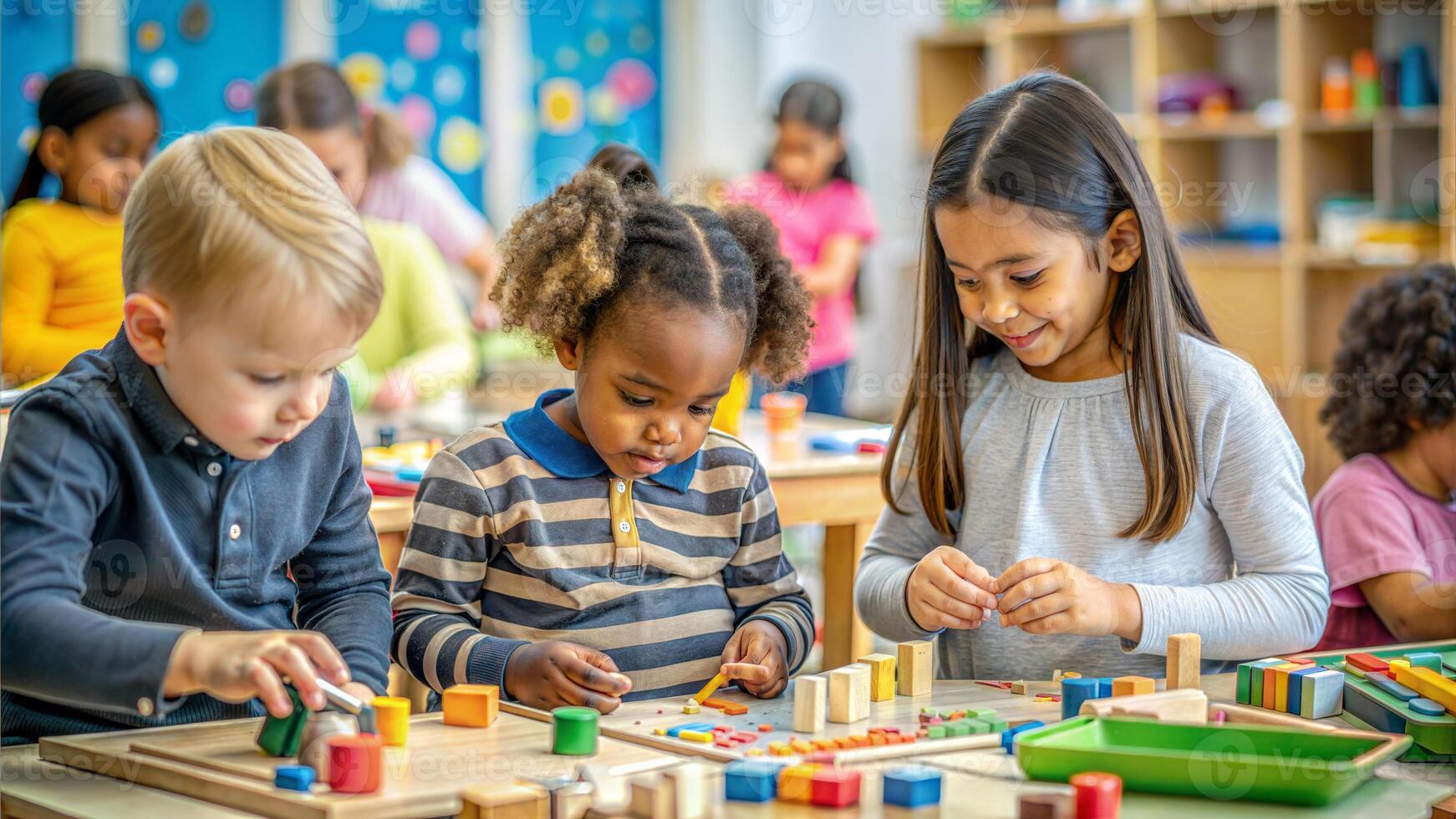 Group of children playing with wooden toys in kindergarten. Preschool education concept. photo