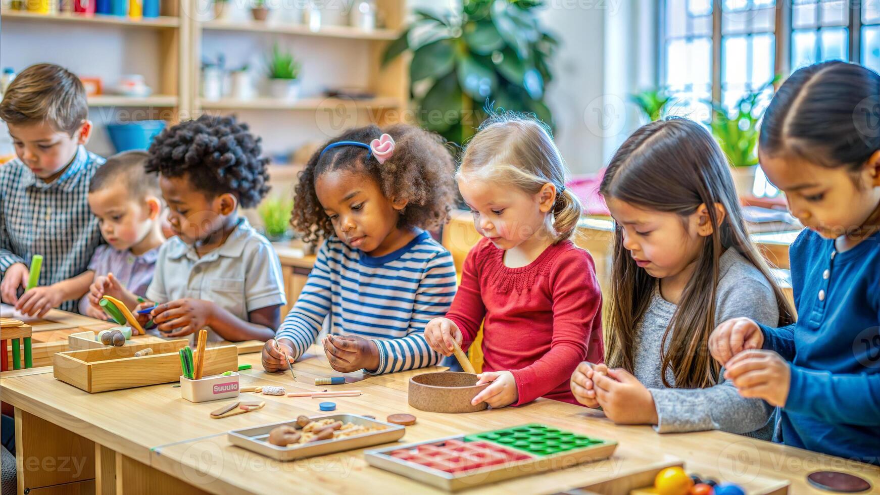 Group of kids in kindergarten learning to play with wooden blocks and numbers photo
