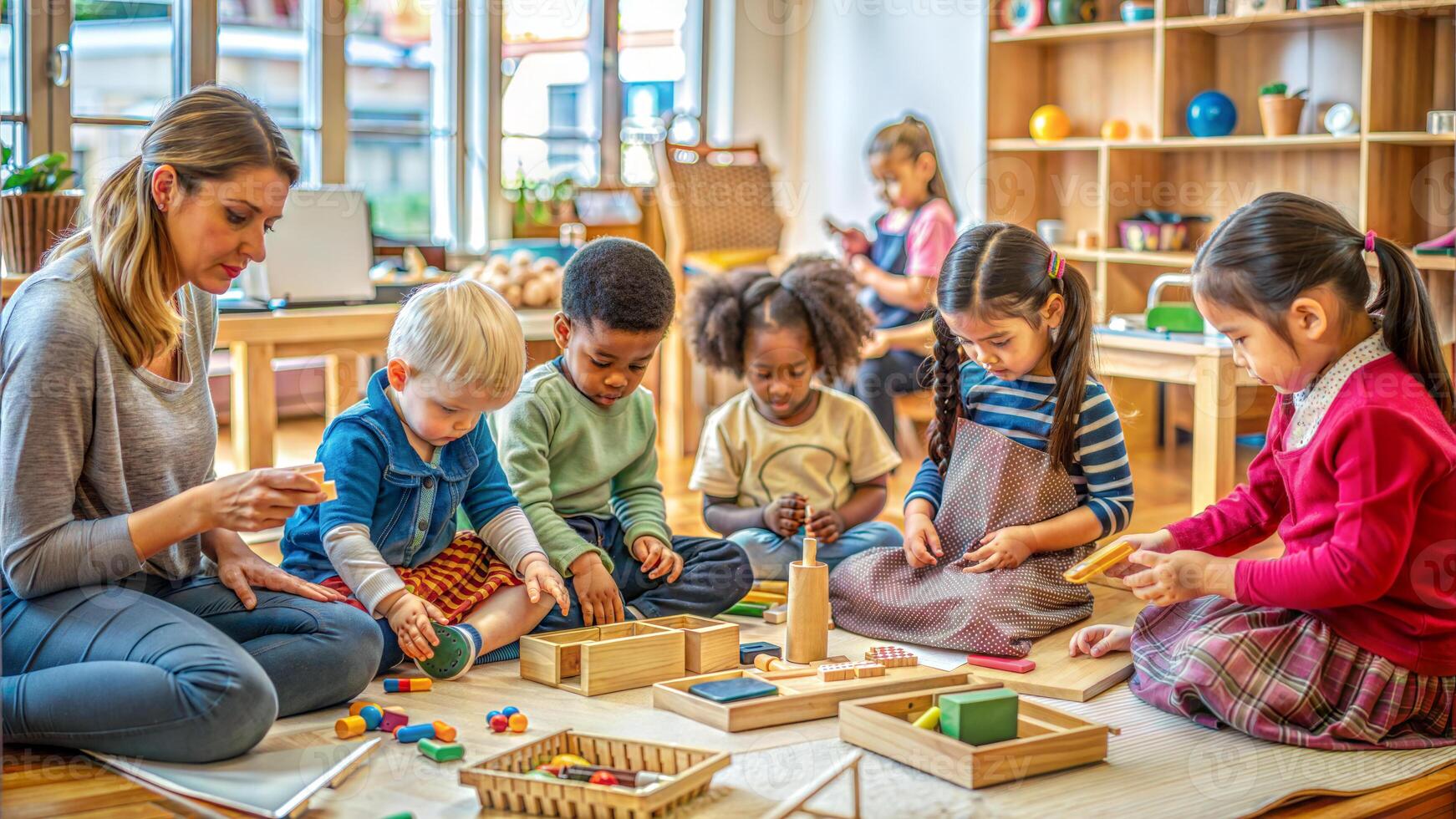 Group of kids playing with wooden blocks in kindergarten or daycare center photo