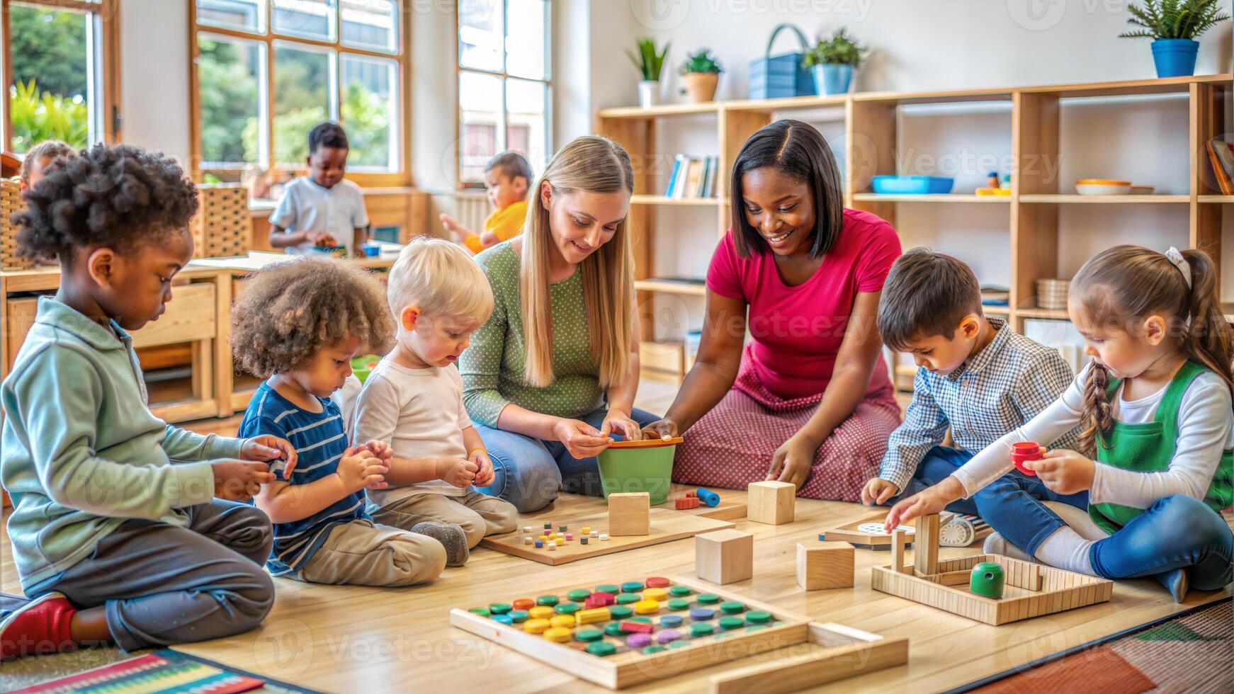 Teacher with kids playing with wooden blocks in kindergarten. Education concept photo