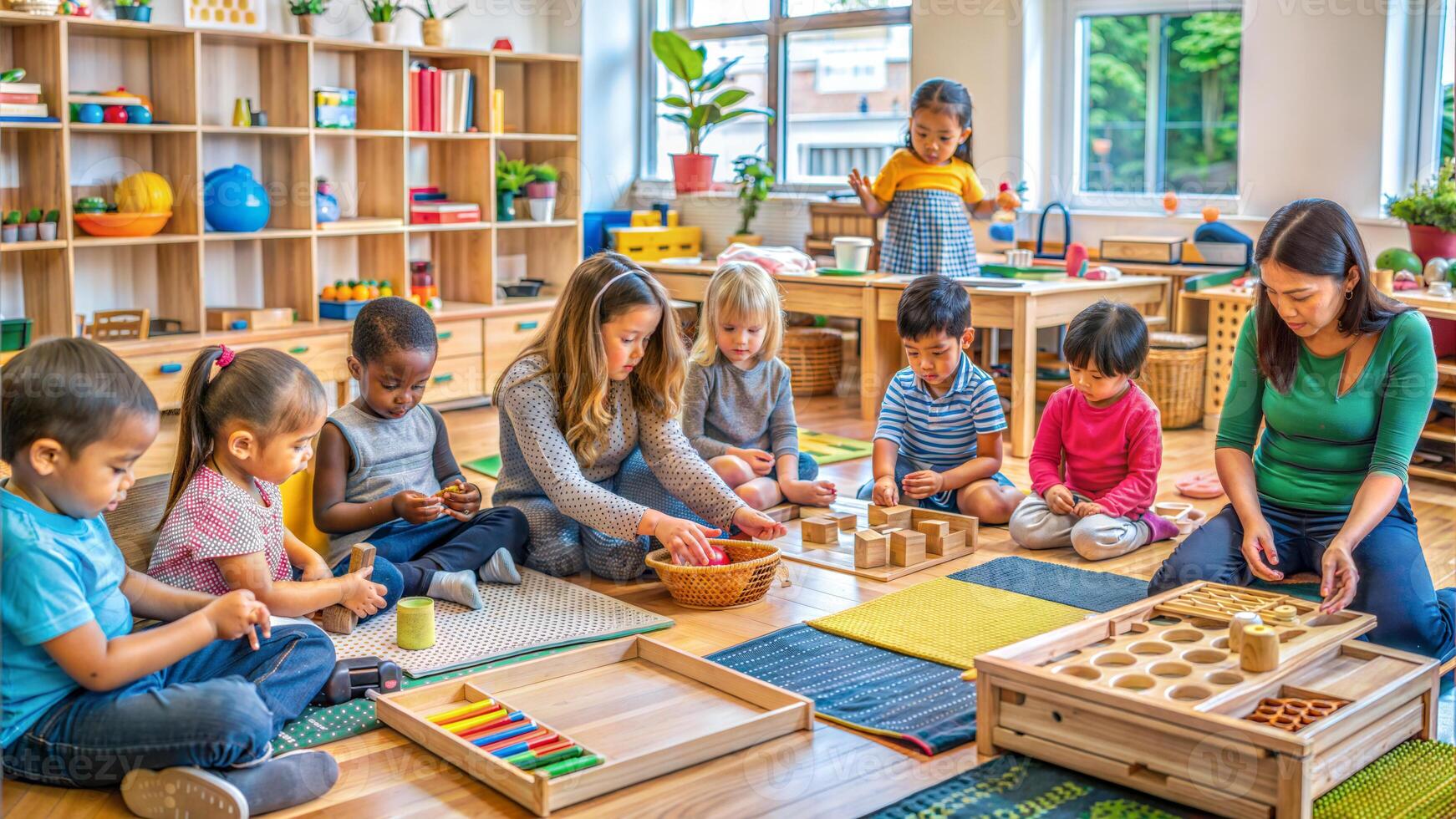 Kindergarten kids playing with wooden toys in a daycare photo
