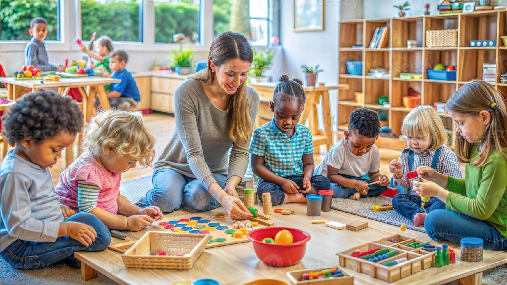 Group of children and teacher playing with educational toys in a kindergarten. photo