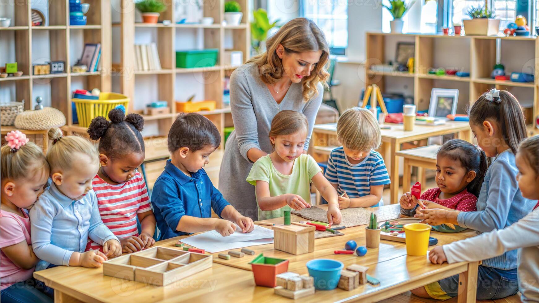 Teacher with kids in kindergarten. Children play with wooden blocks. photo