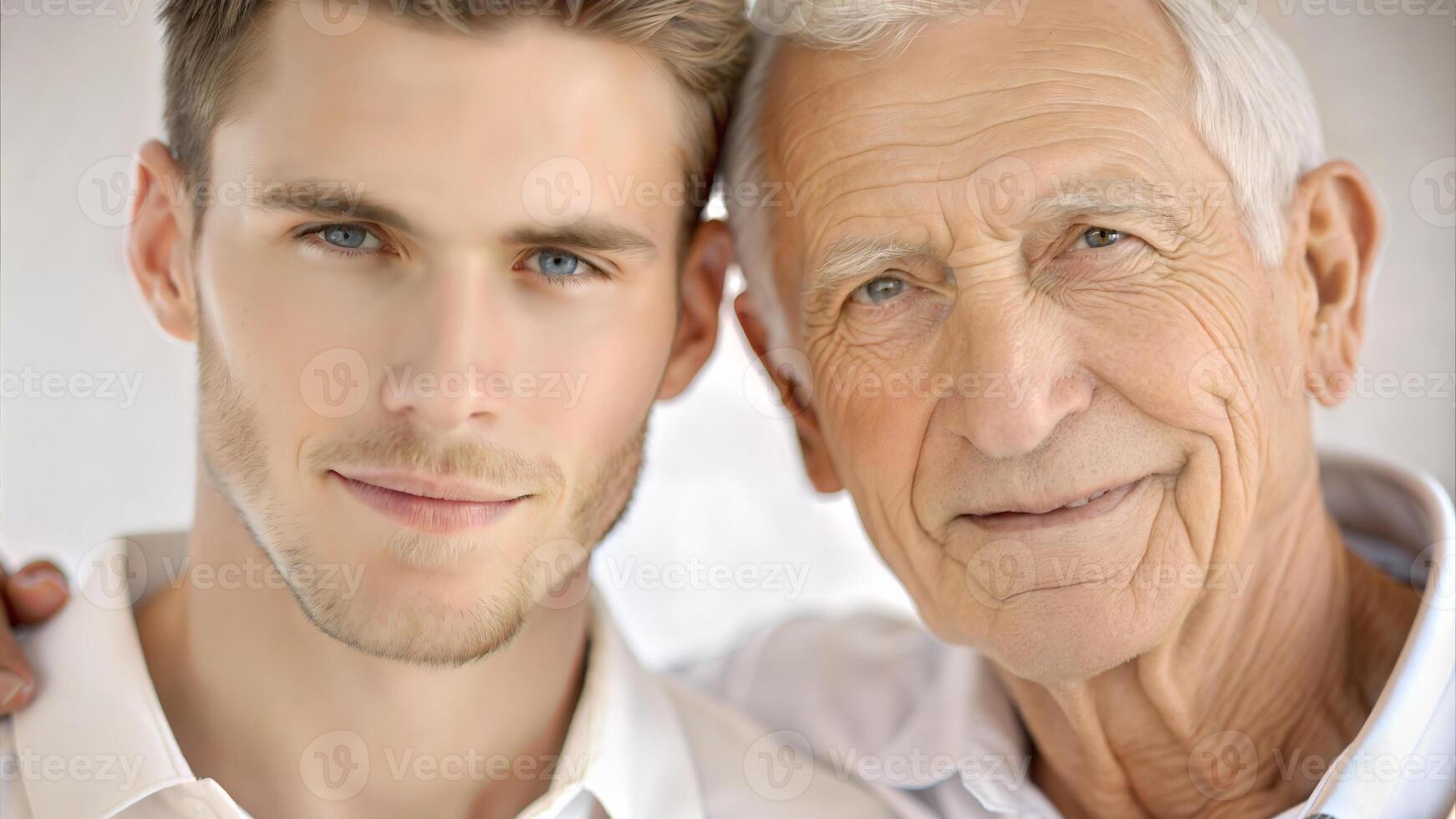 Portrait of happy senior man with his son at home, closeup photo