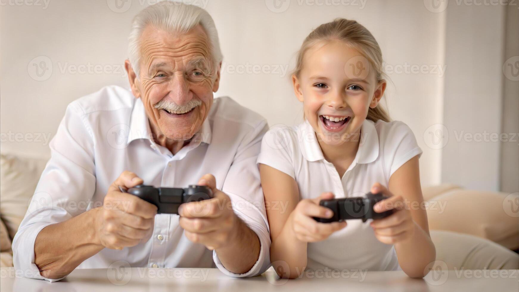Grandfather and granddaughter playing games at home. Grandfather and granddaughter playing games together photo