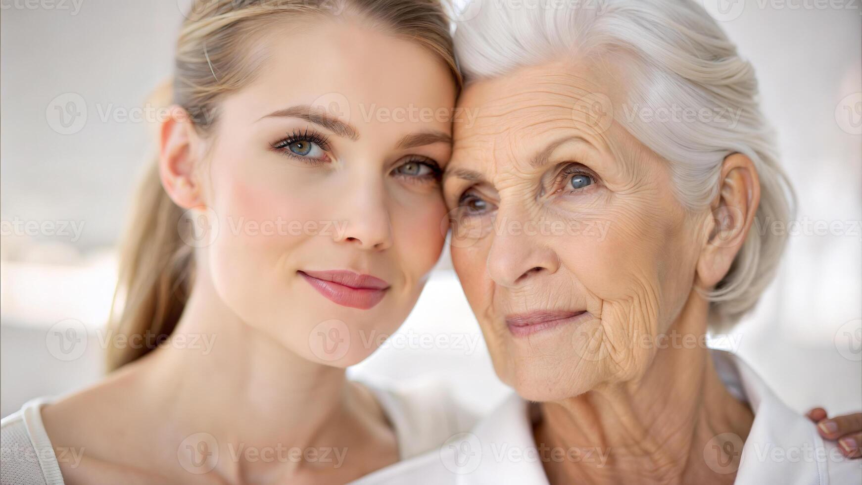 portrait of senior woman with daughter looking at camera in nursing home photo