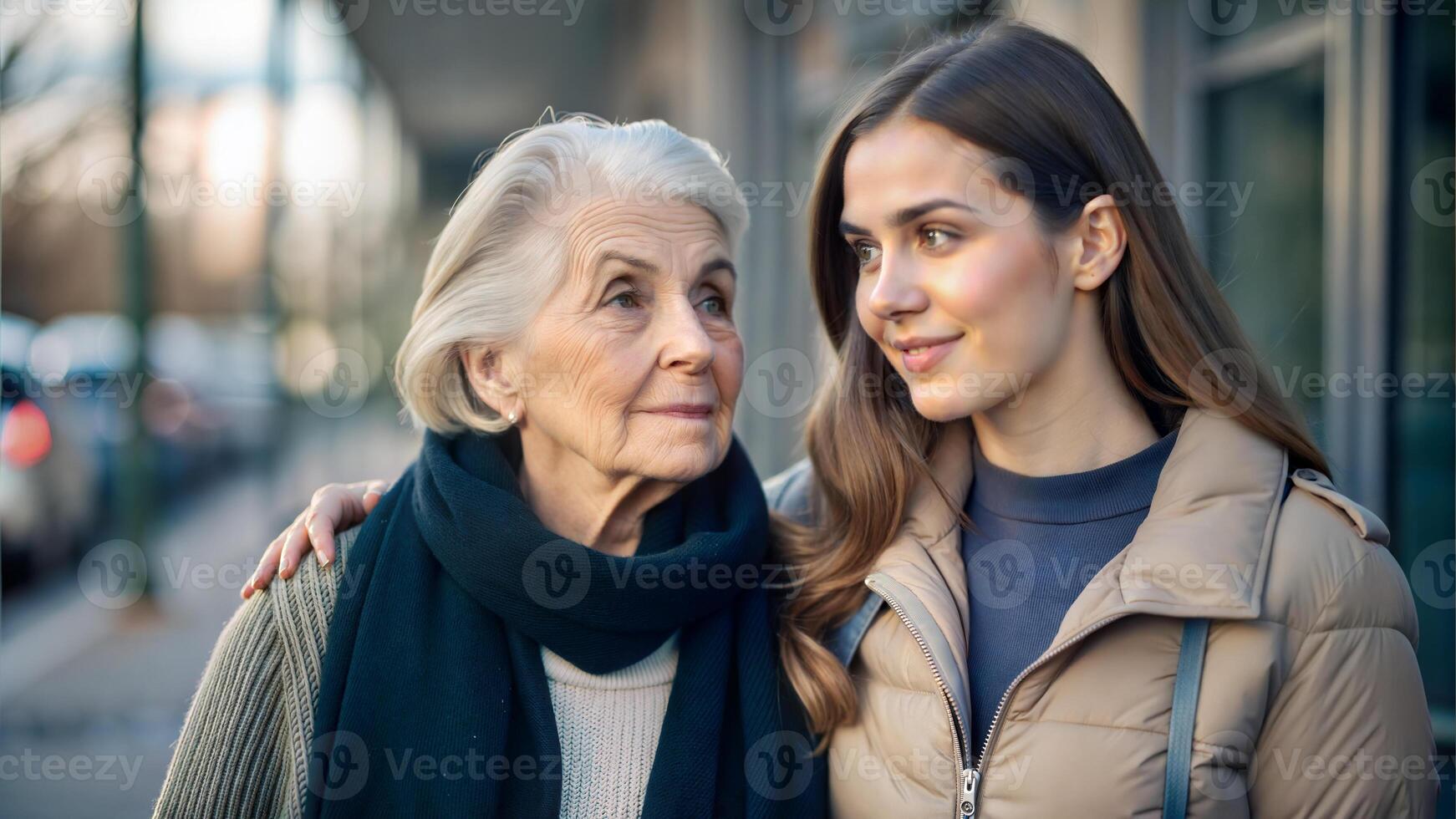 Portrait of a mother and daughter on a walk in the city photo